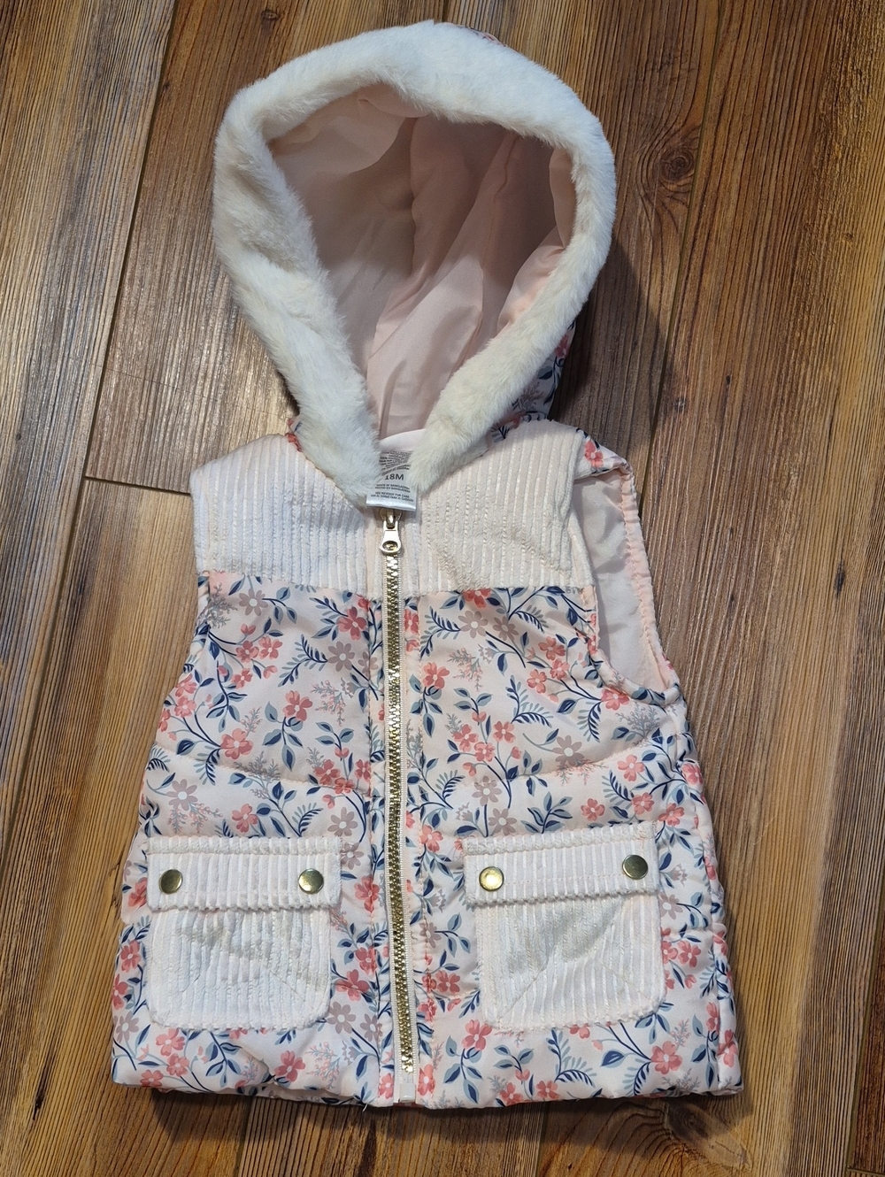 Little Lass Floral Faux-Fur Hooded Puffer Vest - Pink - Sz. 18 Mo.